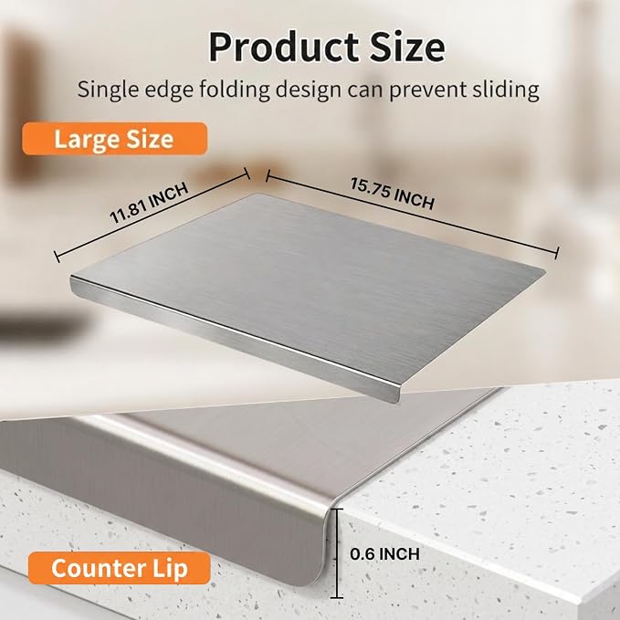 Large Stainless Steel Cutting Board with Lip for Kitchen, Chopping Boards with Yellow Non-slip Mat, Cutting Board with Counter Lip for Meat, Fruits, Vegetables, Bread,Dough(15.7" × 11.8")