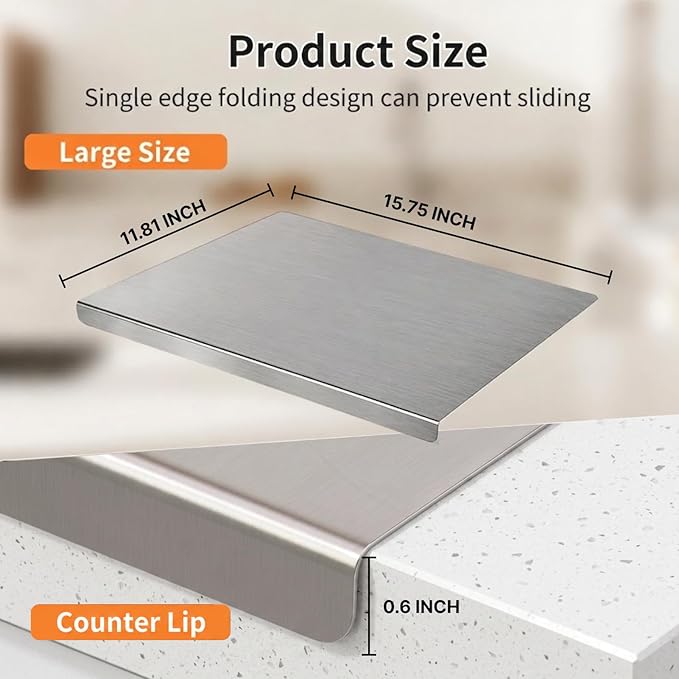 Large Stainless Steel Cutting Board with Lip for Kitchen, Chopping Boards with White Non-slip Mat, Cutting Board with Counter Lip for Meat, Fruits, Vegetables, Bread,Dough(15.7" × 11.8")