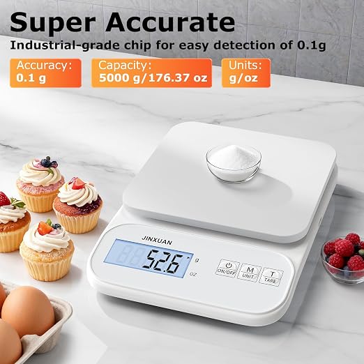 Kitchen Scale Food Scale 5kg/0.1g Digital Scale Food Weighing Scale for Cooking Baking Weight Loss, Rechargeable Coffee Scale Precision Baking Scale with Large Backlit LCD Display, USB Cord
