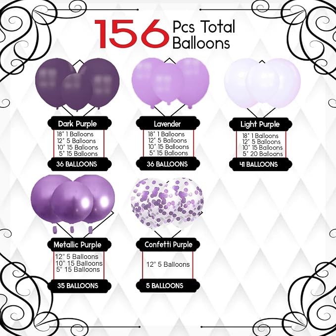 Archloon 156pcs Purple Balloon Garland Arch Kit, Different Sizes 18 12 10 5 inch Lavender Latex Metallic Confetti Purple Balloons for Halloween Wedding Birthday Baby Shower Party Decorations Supplies