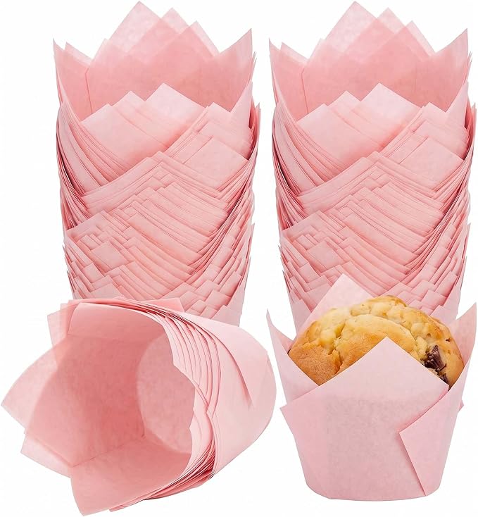 200 Pcs Pink Tulip Cupcake Liners for Baking, Standard Size | Standard Greaseproof Tulip Muffin Liners for Baking, 3oz Pink Paper Cupcake Wrappers for Party Wedding Birthday