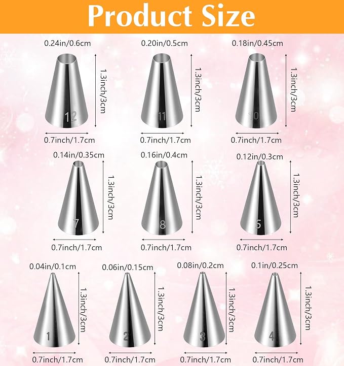 10Pcs Round Piping Tip, 10 Sizes Stainless Steel Wilton Piping Tips for Cookies, Professional Cake Decorating Tools for Frosting, Icing & Russian Pastry