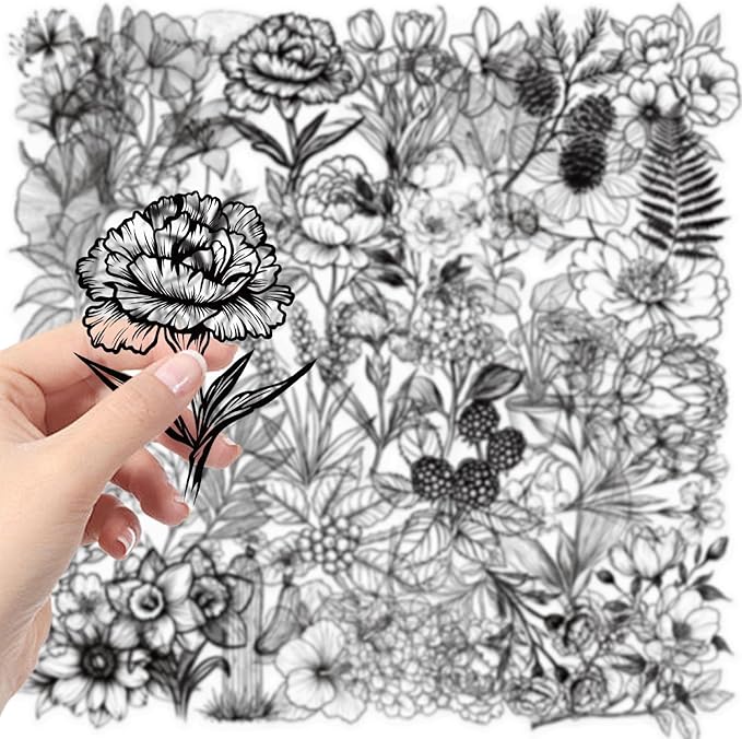 Botany Stickers Pack, 50PCS Black PET Transparent Waterproof Stickers Pack for Water Bottles,Laptop,Scrapbook, Bakery Themed Party Decorations (Black Botany)