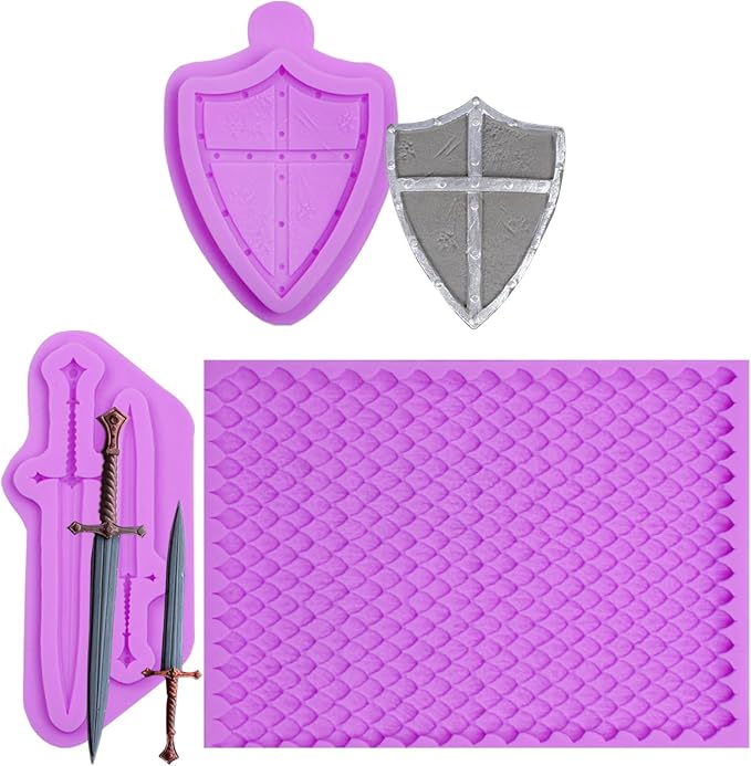 Medieval Fantasy Silicone Molds Set, 3-Pieces Shield Sword Scale Pattern Fondant Chocolate Molds for Cake Decorating Kit Cupcake Topper Resin Polymer Clay Crafts