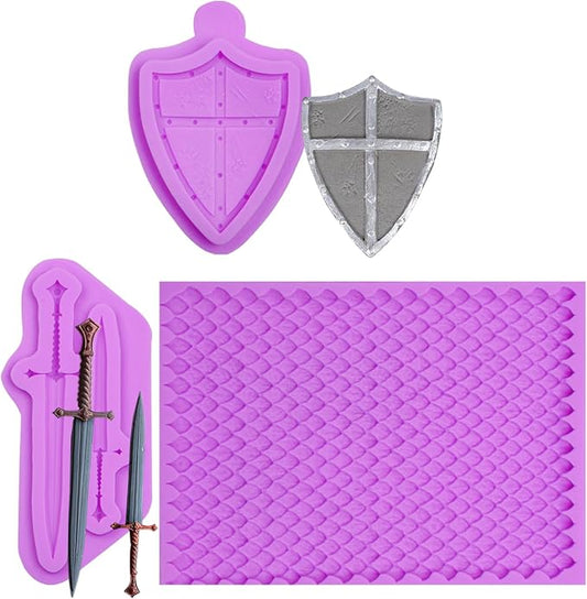 Medieval Fantasy Silicone Molds Set, 3-Pieces Shield Sword Scale Pattern Fondant Chocolate Molds for Cake Decorating Kit Cupcake Topper Resin Polymer Clay Crafts