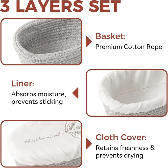 Banneton Bread Proofing Basket Set, 10" Oval & 9" Round Cotton Rope Proofing Baskets with Liners & Covers, Sourdough Bread Baking Supplies
