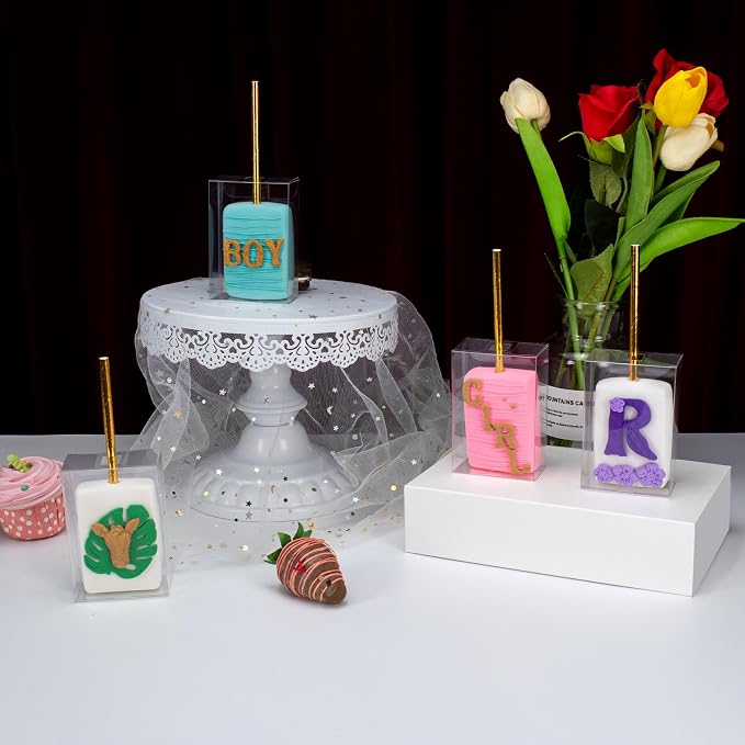 RomanticBaking 100 Pack 3.5"x 2.4"x 1.38" Clear Rice Krispie Treat Boxes with Hole for Cakesickle,Small Macaron,Candy,Treat Boxes Graduation Bab Show Party Favors Box