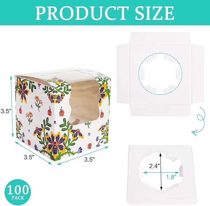 100 Pack Individual Cupcake Containers, Food Grade Cupcake Boxes with Window, Pre-Assembled Single Cupcakes Holders 3.5"x3.5"x3.5" with Inserts for Mini Cake Cookies Cupcakes Muffins