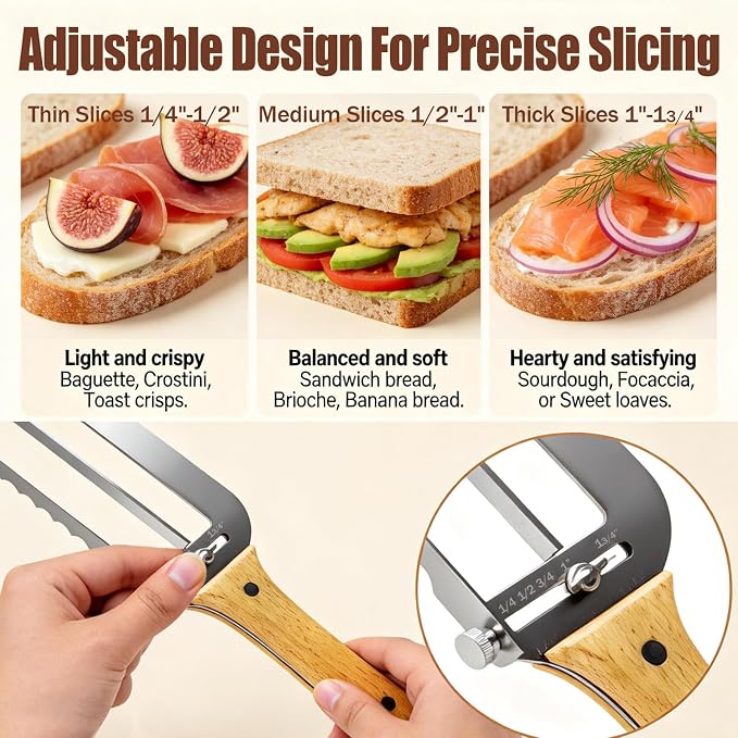 Adjustable Bread Slicer for Perfect Slices - Bread Knife for Homemade Bread with Thickness Guide - Premium Sharp Stainless Serrated Blade for Sourdough Baguettes Bagels Loaves - Gift for Artisan Baker