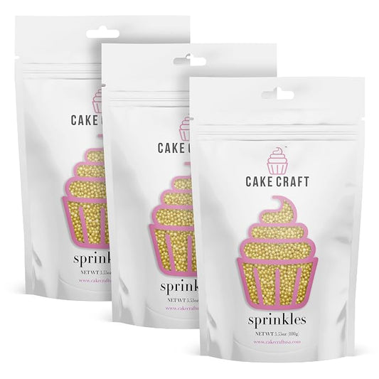 Cake Craft Sprinkles – 3-Pack (100g Each) | Decorating Cakes, Cupcakes, Cookies & More | Gold – Sugar Pearls