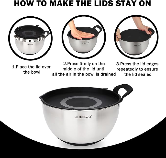 Hillbond Stainless Steel Bowls with Lids Set Mixing Bowls with Pour Spout, Silicone Handle and Non-Slip Bottoms for Baking, Metal Bowls Mixing Dishwasher Safe, Set of 3, Mother’s Day Gift (Black)