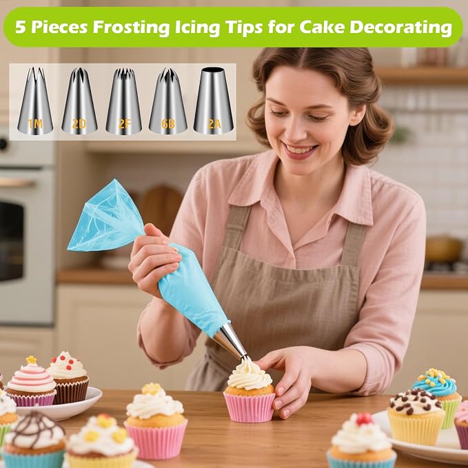 Suuker Large Piping Tips Set, Stainless Steel | Seamless, Cake Decorating Tips, Pastry Tips & Piping Bags, Frosting Icing Tips, 1M 2D 2F 6B 2A