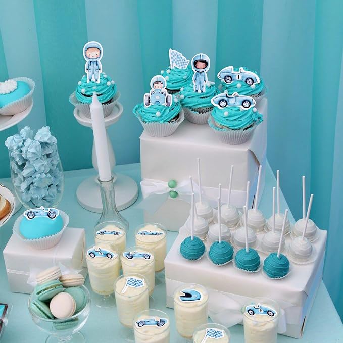 55Pcs Edible Cartoon Blue Race Car Cupcake Toppers Edible Racing Boy Driver Cupcake Picks for Racing Car Baby Boys Birthday Cupcake Decorations Boys Blue Birthday Party Decorations