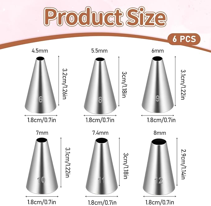 cobee 6 Pcs Round Hole Piping Tips Set, Cake Decorating Tips Boquillas Para Reposteria, Stainless Steel Icing Tip Frosting Tip For Baking Cream Bag Cookies Puff Doughnut Filler(6-8-9-10-11-12)