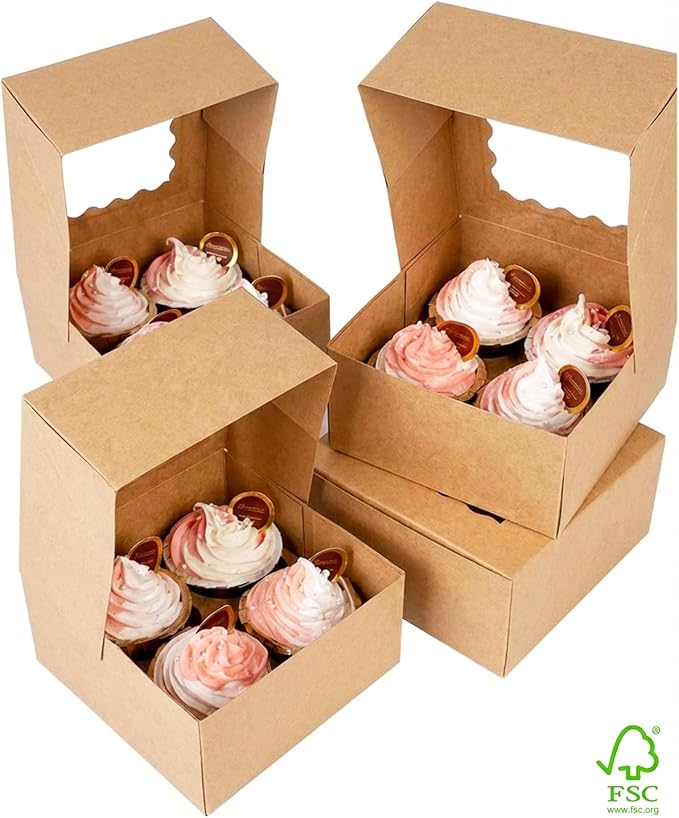 qiqee Auto-pop Up Cupcake Boxes with Window Brown 100PCS 4 Count Cupcake Box 6.3"x6.3"x3" Cupcakes Carrier, 4 Cupcake Containers