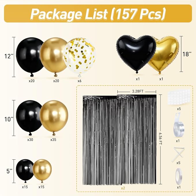 157Pcs Black and Gold Balloons Garland Arch Kit with Fringe Curtain for Graduation Birthday New Year’s Eve Black Tie Gala Anniversary Wedding Party Decorations
