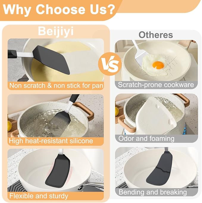 Beijiyi Silicone Spatula Turner, 600°F Heat Resistant, 13 x 3.2 in (Black) | BPA Free, Non-Toxic, Flexible Turner, Non Scratch for Non Stick Frying Pan, Flipping, Cooking, Dishwasher Safe