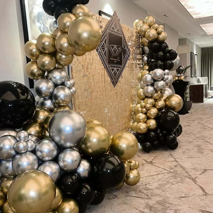 Black Gold and Silver Balloon Arch Kit, 142Pcs Metallic Chrome Balloons and Stars Balloon Garland kit, Different Size Balloons Kit for New Year Men Birthday 2026 Graduation Party Decorations