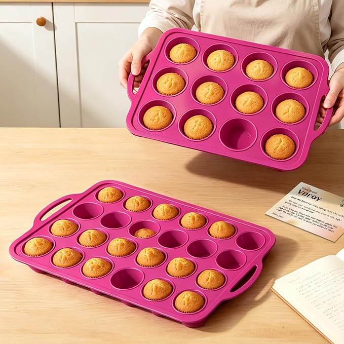 Silicone Muffin Pan Set: Non Stick 12 & 24 Silicone Muffin Pans for Baking Easy Release - Complete Shaping Each Use Avoid Re‑baking - BPA-free Cupcake Tin Reinforced Frame for Oven Home Bakers