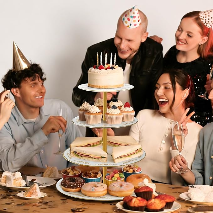 DUJUST 4-Tier Cupcake Stand Tower, British Style Porcelain Tiered Tray with Golden Trim & Pattern, Food Grade Dessert Display Stand, Beautiful Gift for Tea Party & Home Décor - White