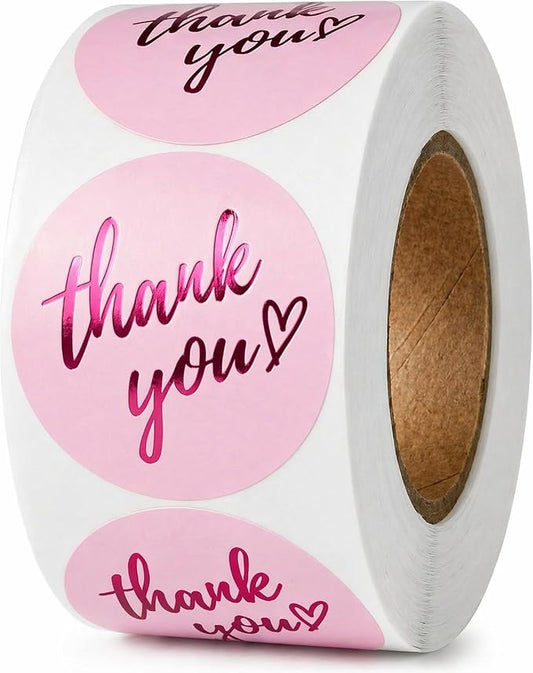 500 Pcs Thank You Stickers – 1.5” Pink Round Labels with Purple Hot Stamping Foil Script & Heart Design, Elegant Small Business Packaging Stickers for Bags, Boxes, Envelopes & Party Favors