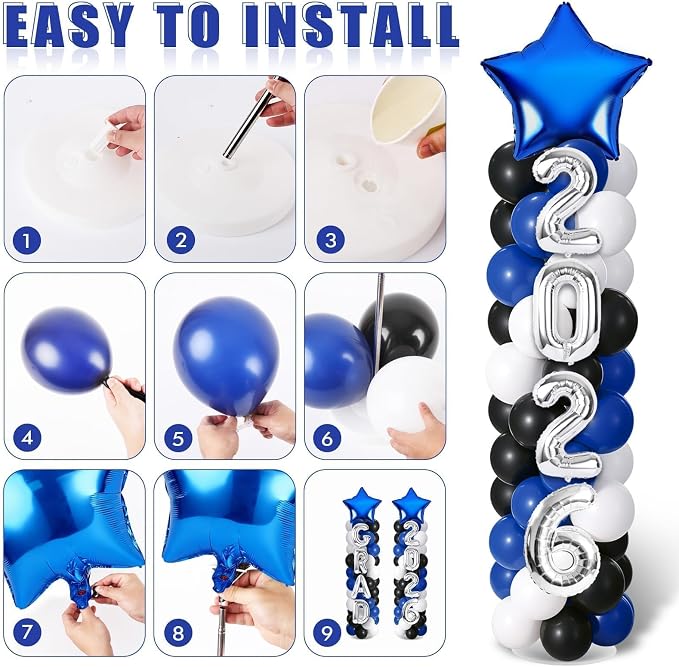 2 Sets Graduation Balloon Column Stand Kits with Balloons 2026 Grad Themed Decoration Navy Blue Balloon Tower Stand Kit for Grad High School & College Celebration Party Decor