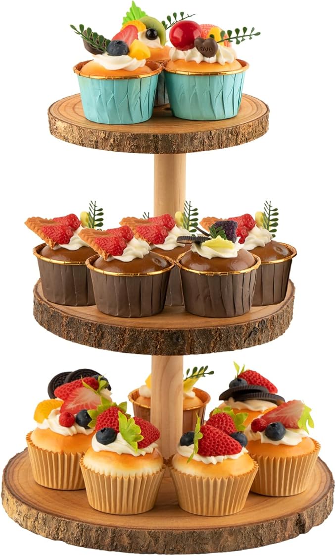 Rustic 3-Tier Wooden Cupcake Stand & Cake Tower – Natural Paulownia Wood Tiered Display for Weddings, Parties, Baby Showers, Holidays (Farmhouse Décor, Handcrafted Bark Design)