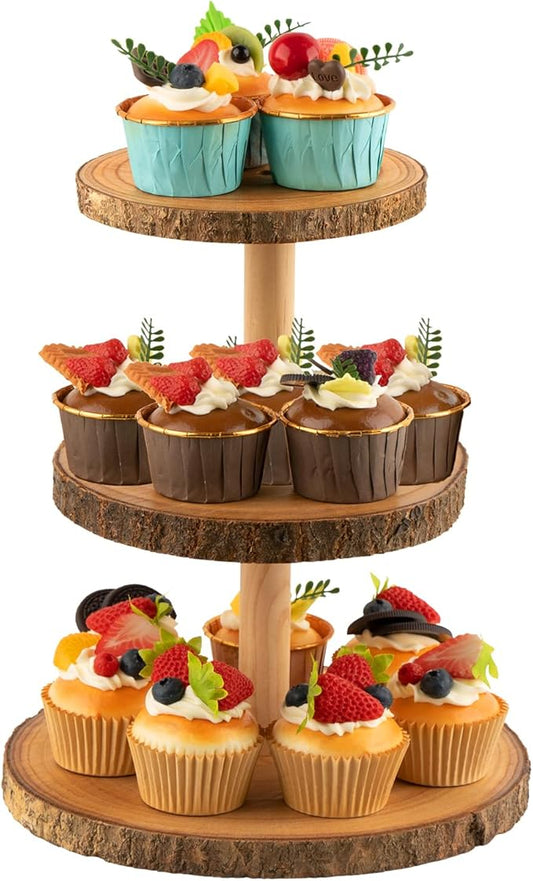 Rustic 3-Tier Wooden Cupcake Stand & Cake Tower – Natural Paulownia Wood Tiered Display for Weddings, Parties, Baby Showers, Holidays (Farmhouse Décor, Handcrafted Bark Design)