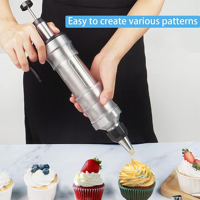Dessert Decorating Syringe Set, Frosting Piping Kit, Pink | Icing Piping Kit, Stainless Steel, 30 Piping Icing Nozzles, Cupcake Decorating Kit