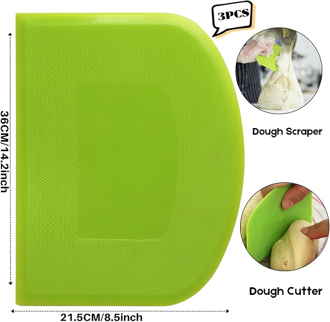 SURDOCA Dough Scraper Bench Scraper - 3P 14.2x8.5" Plastic Flexible Bowl Scraper, Sharp Edge & Angles Cake Scraper. Non-Slip Bakeware Decorating Tools Sculpting & Modeling Tools - Green+Yellow+Green