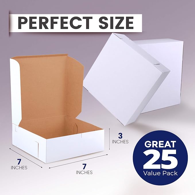 [25 Pack] Pastry Boxes - 7 x 7 x 3 Inches White Bakery Box for Cookies, Compostable Kraft Paper Cardboard for Baked Goods Packaging, Cake, Food, Donut, Cupcake, Candy, Bread, Bridesmaid Gift Box