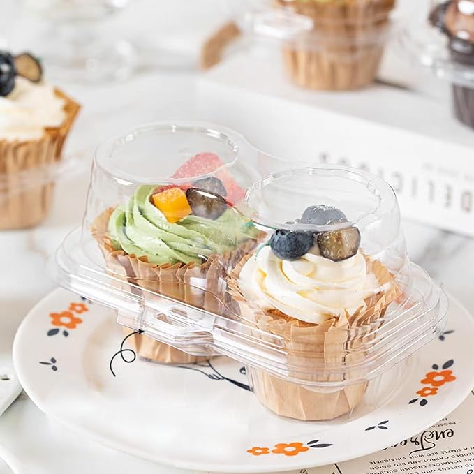 YOUNTHYE 100PCS Cupcake Containers 2 Count Clear Cupcake Boxes Disposable Cupcake Holder with Lid Plastic Cupcake Containers 2 Cavity High Topping Cupcake Container for Cupcakes Muffins Pies