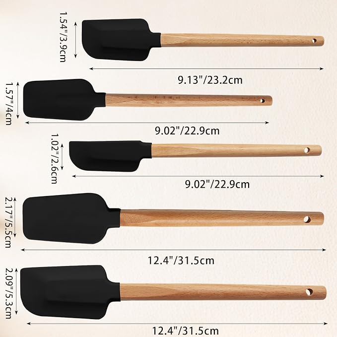 Uenhoy 5 Pack Silicone Spatula Set, Non-stick Wooden Handle Rubber Spatulas for Baking Cooking Frosting, 600°F Heat Resistant, Black