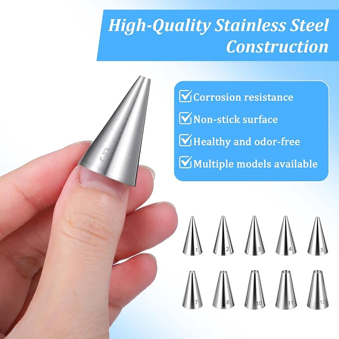 10 Pcs Round Piping Tips Set, Stainless Steel Icing Tips Cupcake Frosting Nozzles Small Cake Decorating Piping Tip Cake Writing Icing Tool Pastry Dispensers Supplies for Baking Cookies Puff Cream