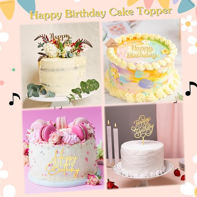 6 Pcs Gold Happy Birthday Cake Topper Side Mirror Acrylic Cake Topper Happy Birthday Cake Sign Decorations Gold Cake Inserts Cake Decor Supplies Golden Cupcake Toppers for Birthday Party Cake Dessert