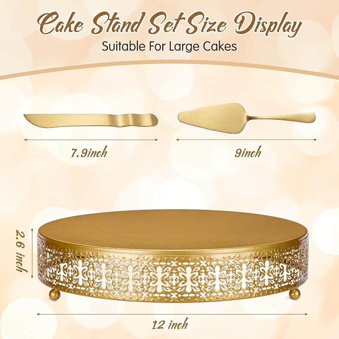 Wenqik Gold Cake Stand 12 Inch Metal Round Wedding Cake Stand with Cutting & Spatula Cupcake Dessert Cookies Display Holder Fruit Serving Tray for Wedding Birthday Anniversary Party