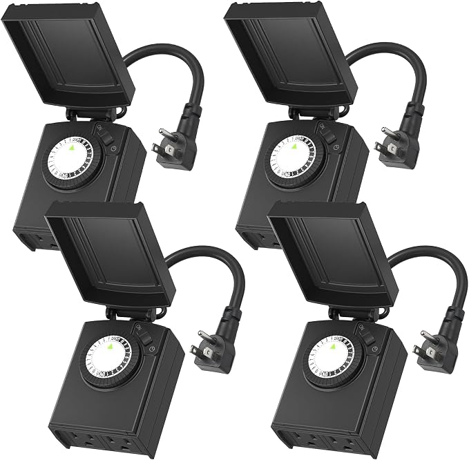 BN-LINK 24 Hour Heavy Duty Mechanical Timer, Outdoor Timer Outlet Waterproof with 30 Minutes Intervals, 2 Grounded Outlets for Christmas Lights Pool Pump,15A 1/2HP, ETL Listed（4 Pack）