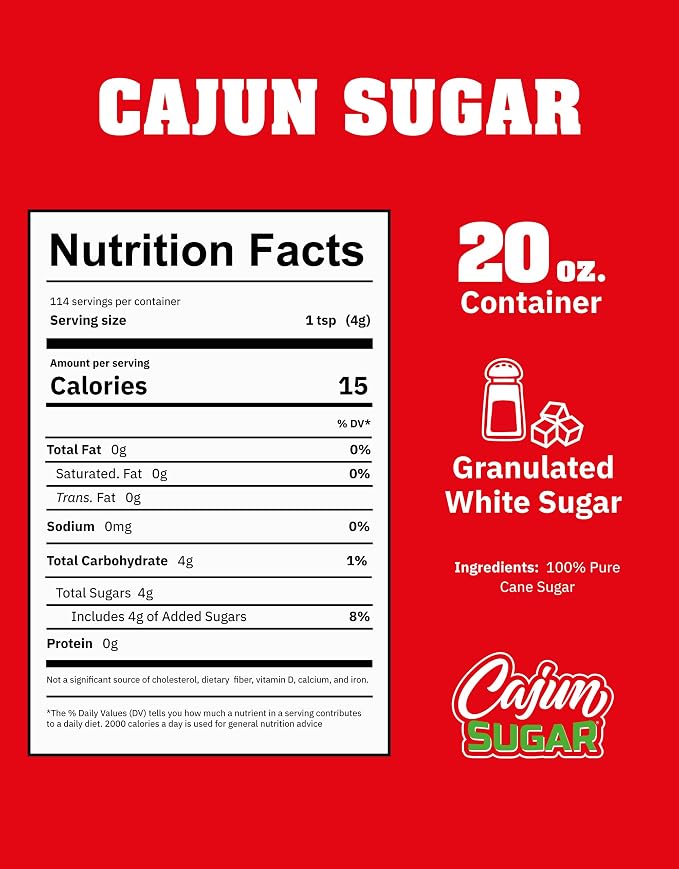 Cajun Nation CAJUN SUGAR 100% Pure Cane Sugar – White Sugar 20oz Canister, Natural Sugar for Coffee, Tea, Baking – Sugarcane Sweetness – The Sweet Is Right – Geaux Get the Red Can!