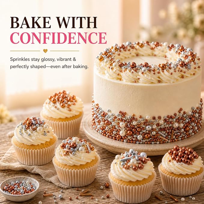Confect Sprinkles for Cake & Cupcake Decoration | Pack of 5 Party Sparkle Sprinkles | Champagne Gold Pearl | Sliver & Bronze Jimmies Sliver Sparkling Sugar | Vegan, Gluten-Free, Nut-Free, Soy-Free, Dairy-Free, Palm Oil-Free - 5 Oz
