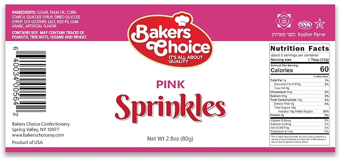 Bakers Choice Pink Sprinkles for Baking - Jimmies Sprinkles for Ice Cream Toppings - Dairy Free, Kosher 2.8 oz