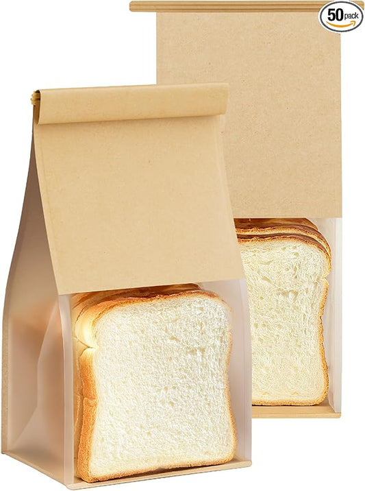 FireKylin Bread Cookie Bags with Window & Tin Tie 5.1x3.9x11.0 (50,Medium) | Food Safe Brown Paper, Clear Window, Reusable Tin Tie, for Homemade Bread, Cookies, Muffins, Pastry, Candy, Party Favor