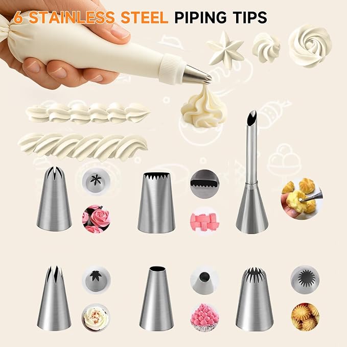 10-Piece Reusable Piping Bags and Tips Set, Cake Decorating Kit for Cakes, Cupcakes, Cookies, and Desserts, Includes 16 Inch Pastry Bags, 6 Frosting Tips, Couplers, Silicone Cable Ties, Cleaning Brush