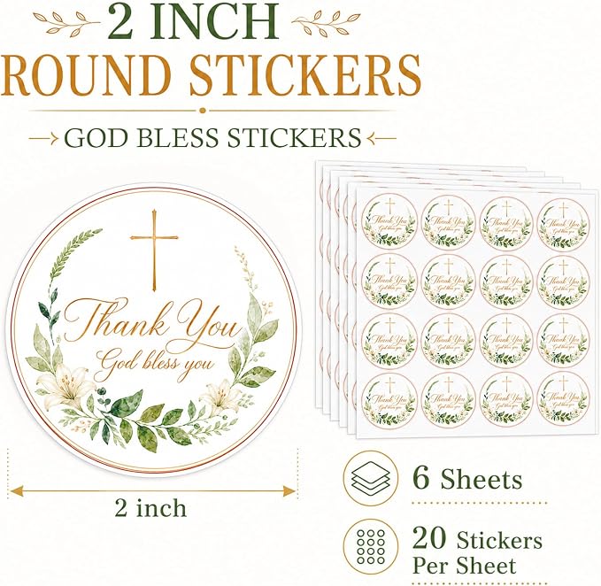 Louise Maelys 120 Pcs Christian Thank You Stickers, 2 Inch God Bless Labels | God Bless You with Cross Floral Design, Church Gifts, Envelopes, Party Favors, Baptism, Small Business Packaging