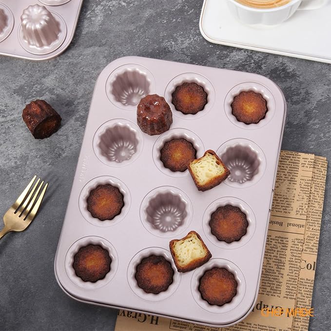 CHEFMADE Mini Canele Mold Cake Pan, 12-Cavity Non-Stick Mini Canele Muffin Bakeware Cupcake Pan for Oven Baking (Champagne Gold)