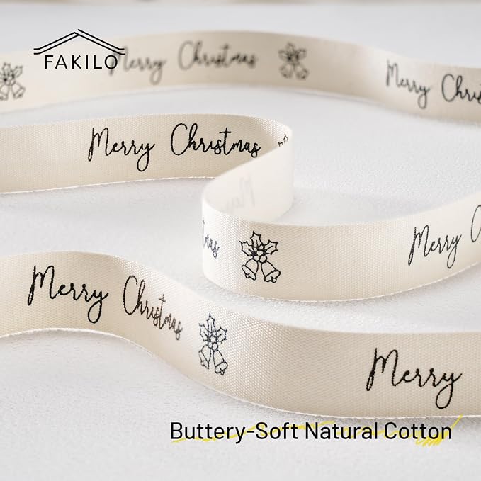 Merry Christmas Printed Ribbon 5/8 Inch x 10 Yards Cotton Ribbon for Gift Packaging, Party Decorations, Anniversary Decoration, Handmade Cards