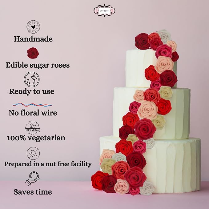 Confect Edible Rose Cake Toppers For Cupcakes | Edible Cake Toppers | Roses for Cake Decorations | Edible Viva Magenta Roses - Pack of 12, Magneta