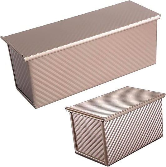2 Pack Pullman Loaf Pan with Lid, 2.2 LB & 1 LB Dough Capacity, Non-Stick Carbon Steel Corrugated Bakeware Toast Mold for Baking Sandwich and Sourdough