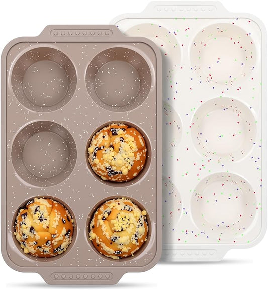 2 Pcs Silicone Jumbo Muffin Pan with Metal Frame, Non Stick Silicone Egg Molds with Handles, Round Silicone Molds for Baking for Oven, BPA Free (Brown, Cream