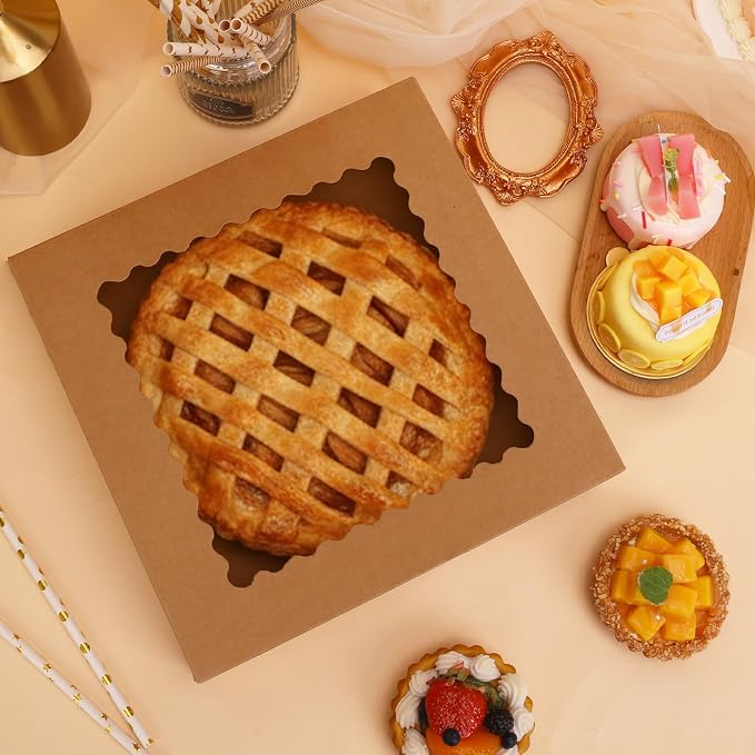 Moretoes 5pcs Pie Boxes, 10x10x2.5 Bakery Boxes with Window, Auto-Popup Brown Bakery Boxes for Pies, for Dessert, Donuts, Muffins