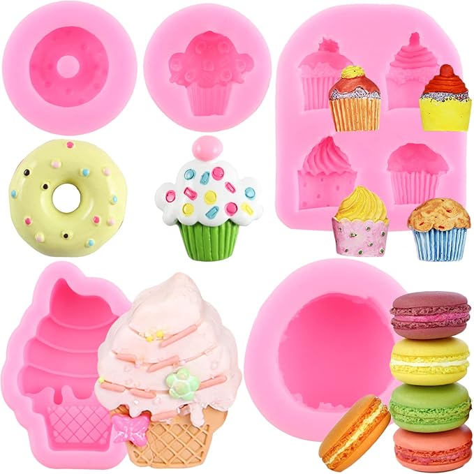 Ice Cream Donut Silicone Molds Macaron Fondant Molds For Cake Decorating Cupcake Topper Candy Chocolate Gum Paste Polymer Clay Set Of 5